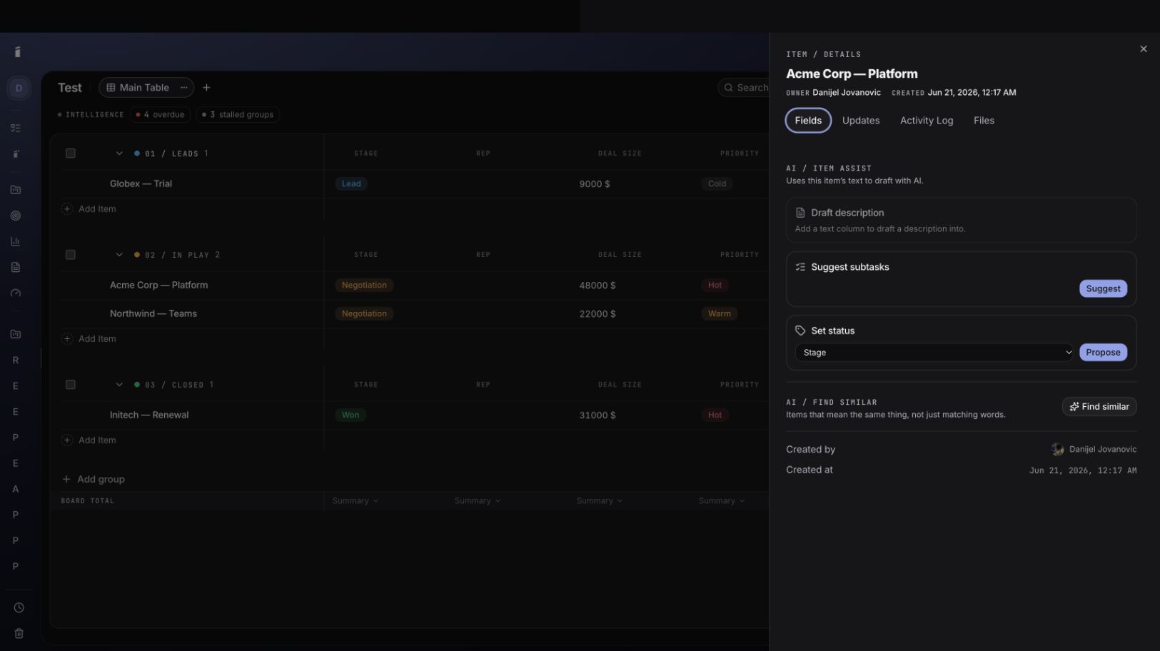Monolith task detail panel with AI assist controls and item metadata